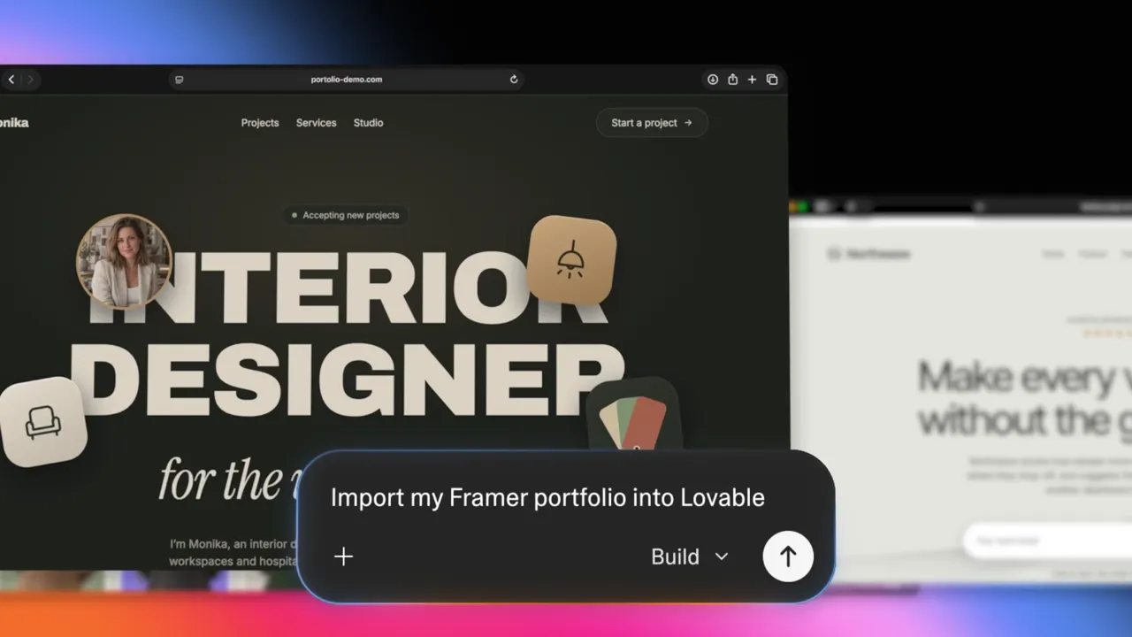 Lovable chat box with the prompt Import my Framer portfolio into Lovable over an interior designer portfolio website