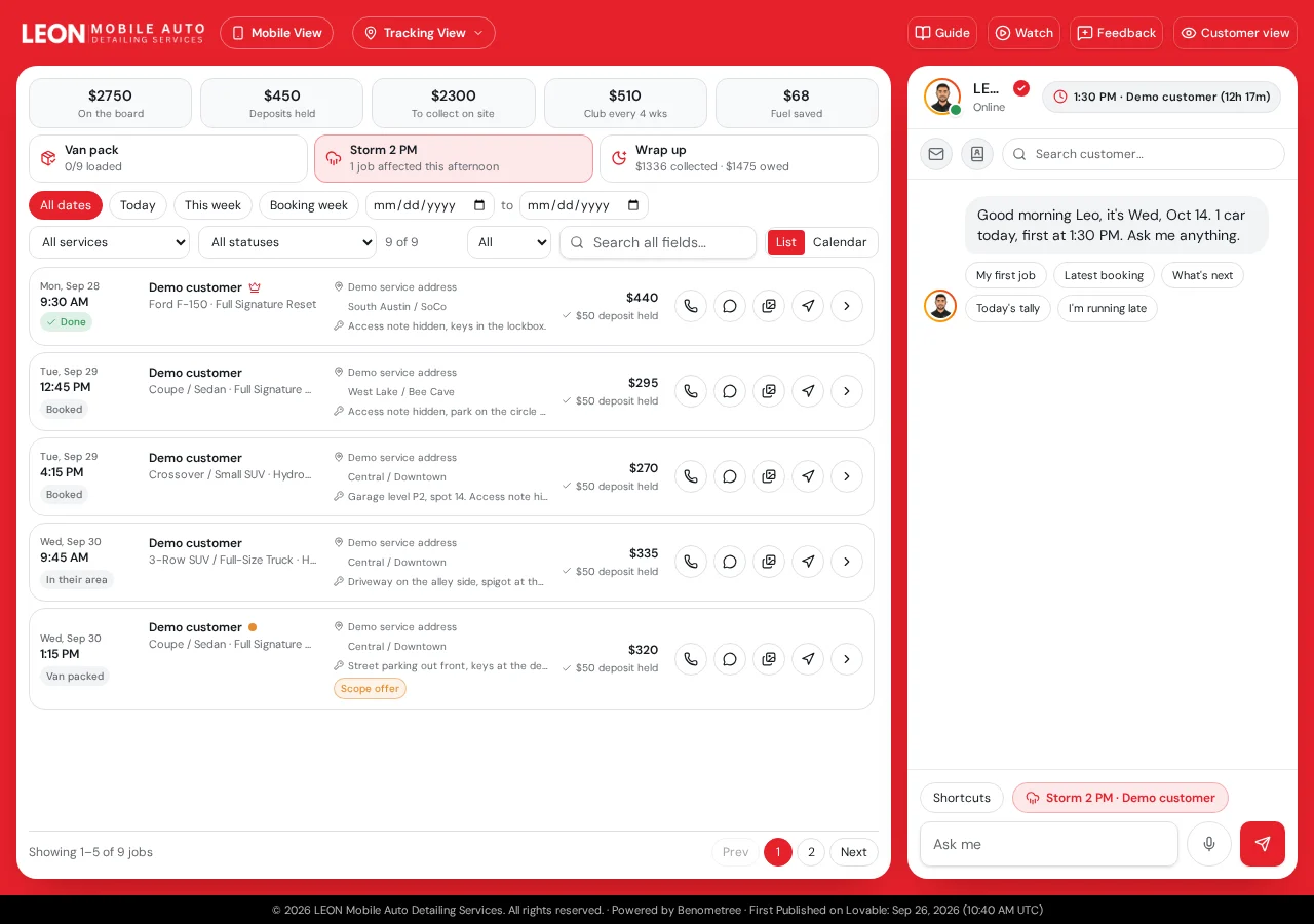 LEON Business View demo showing job list, financial overview, date and service filters, search, and operator assistant