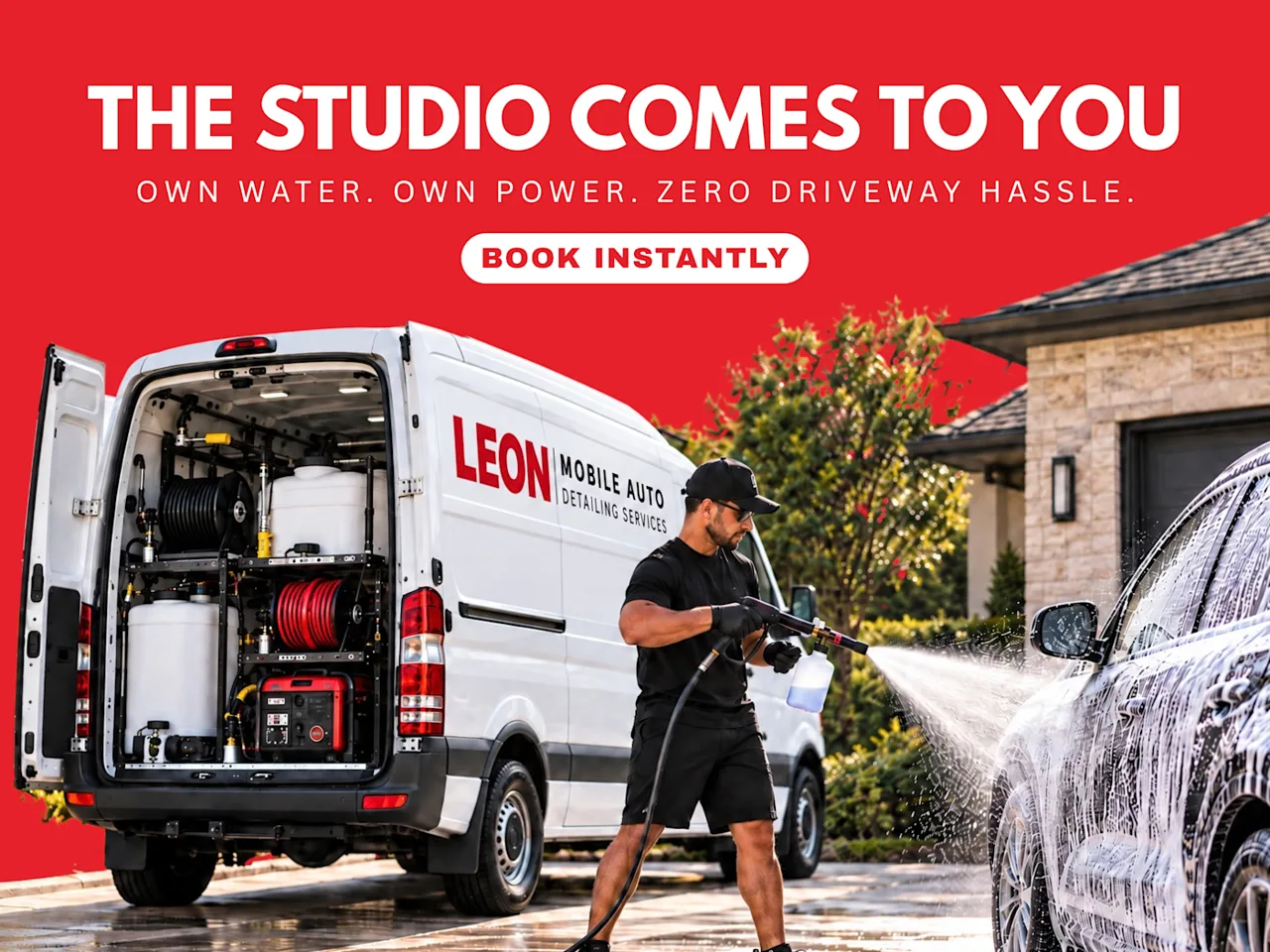 LEON Mobile Detailing promotional graphic: The studio comes to you, own water, own power, book instantly