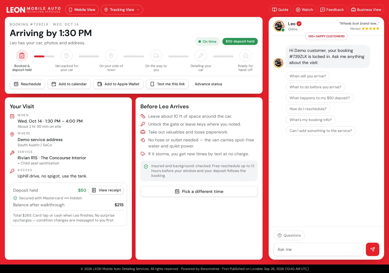 LEON active customer tracking demo with arrival time, six-stage progress, visit details, preparation checklist, and chat