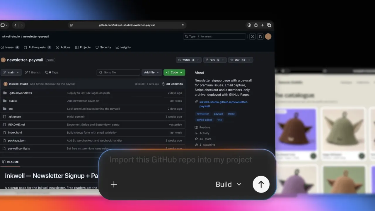Lovable chat box with the prompt Import this GitHub repo into my project over a newsletter paywall repository on GitHub