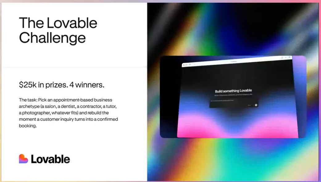 The Lovable Challenge slide: $25k in prizes, 4 winners, and the task of rebuilding the moment an inquiry becomes a confirmed booking