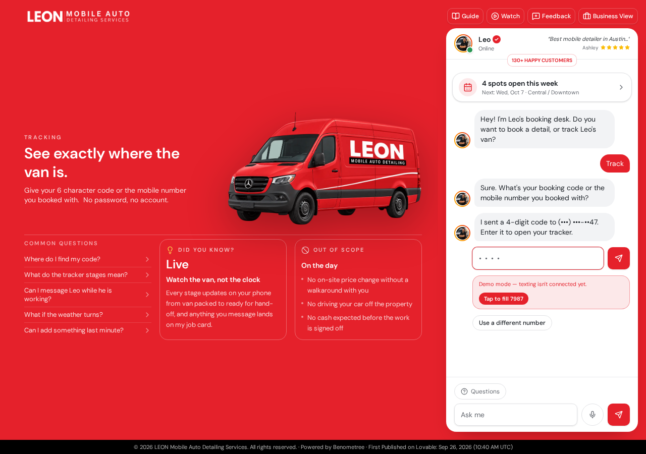 Van tracking screen with a six-character booking code entry