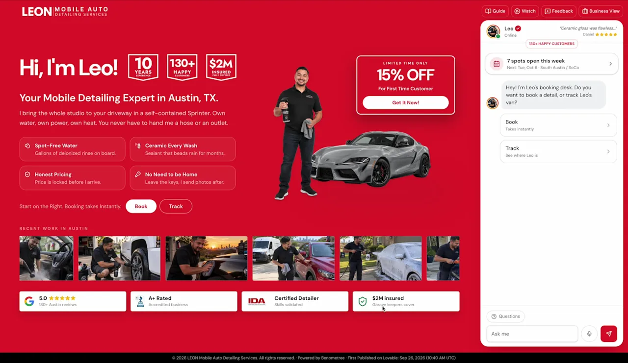 LEON Mobile Detailing demo homepage with the Mobile view button next to the logo