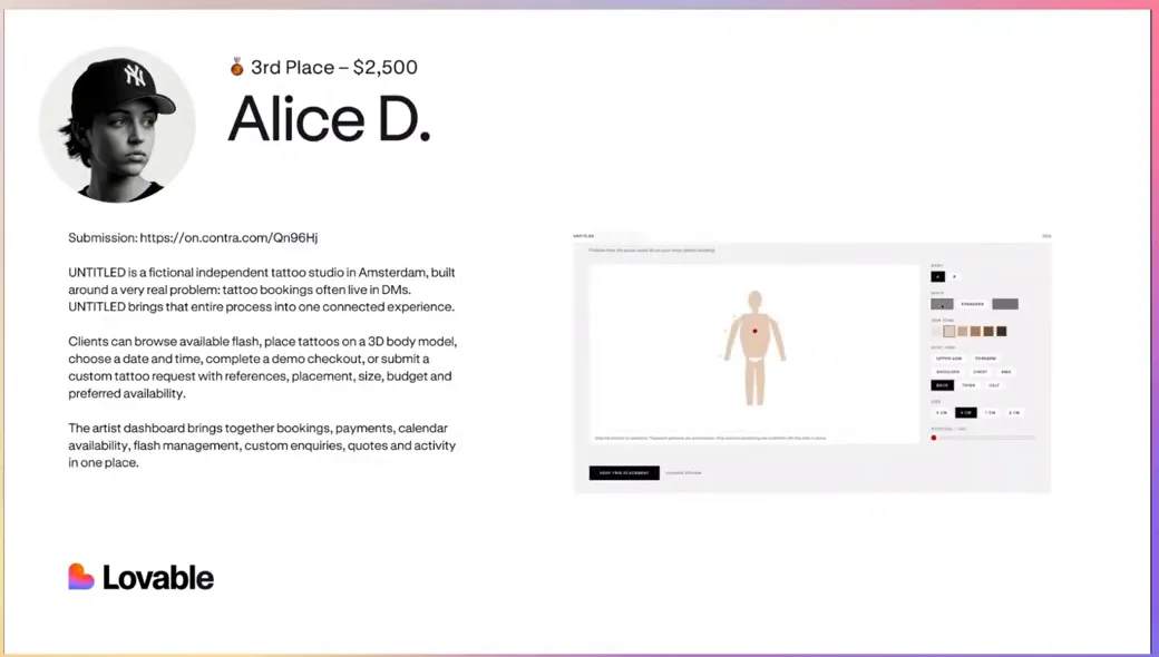 Third place slide for Alice D. showing the UNTITLED tattoo studio's 3D body placement tool