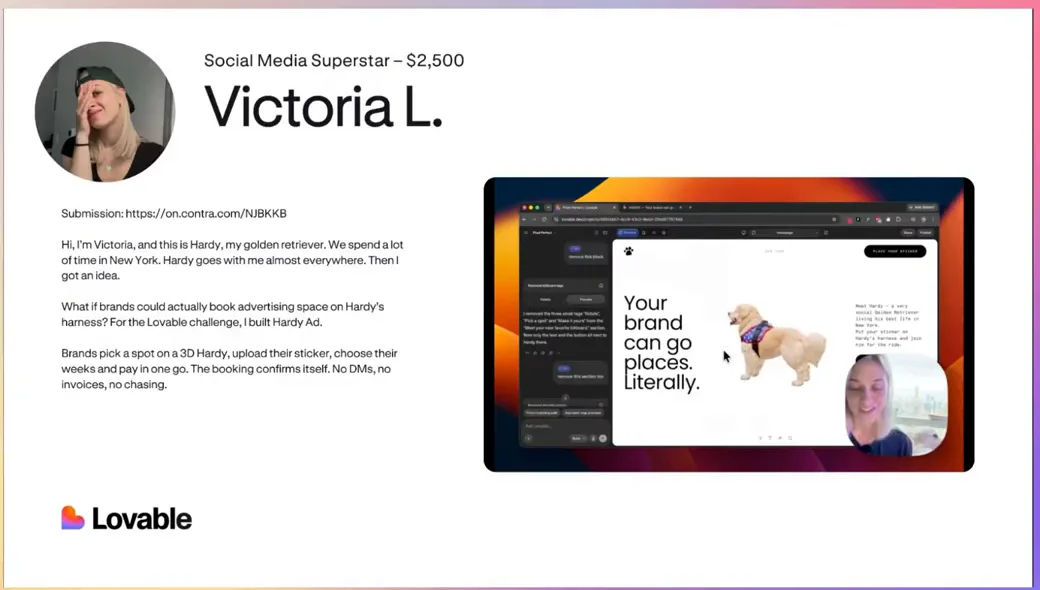 Social Media Superstar slide for Victoria L. showing her Hardy Ad booking site with a golden retriever and the headline Your brand can go places. Literally.