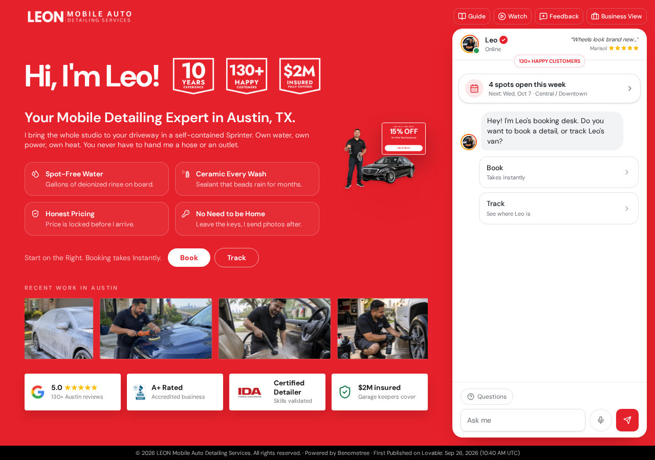 LEON Mobile Detailing home screen with Leo's booking desk, trust badges, and recent work