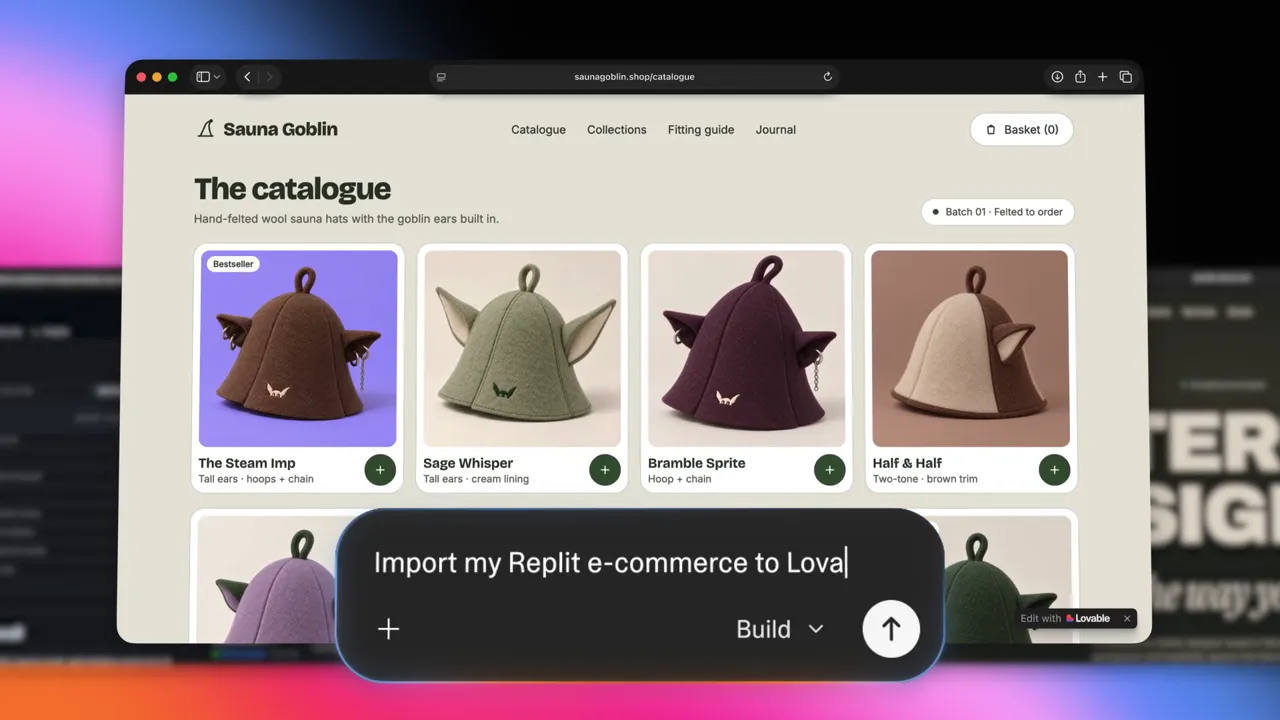 Lovable chat box with the prompt Import my Replit e-commerce to Lovable over a Sauna Goblin online shop catalogue