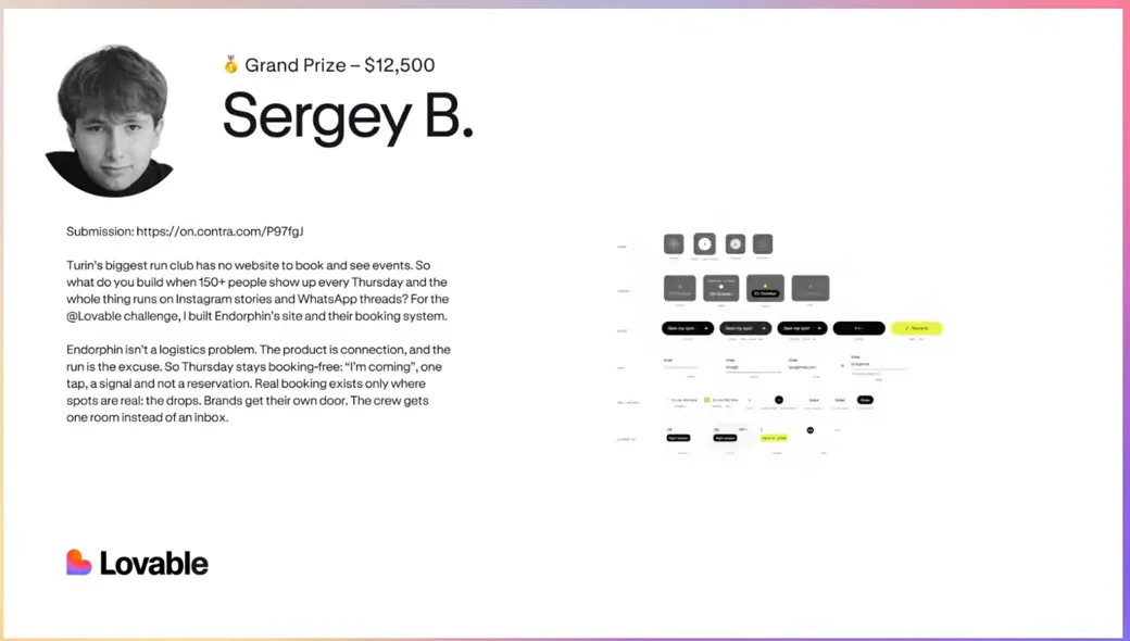 Grand prize slide for Sergey B. showing Endorphin run club booking interface components