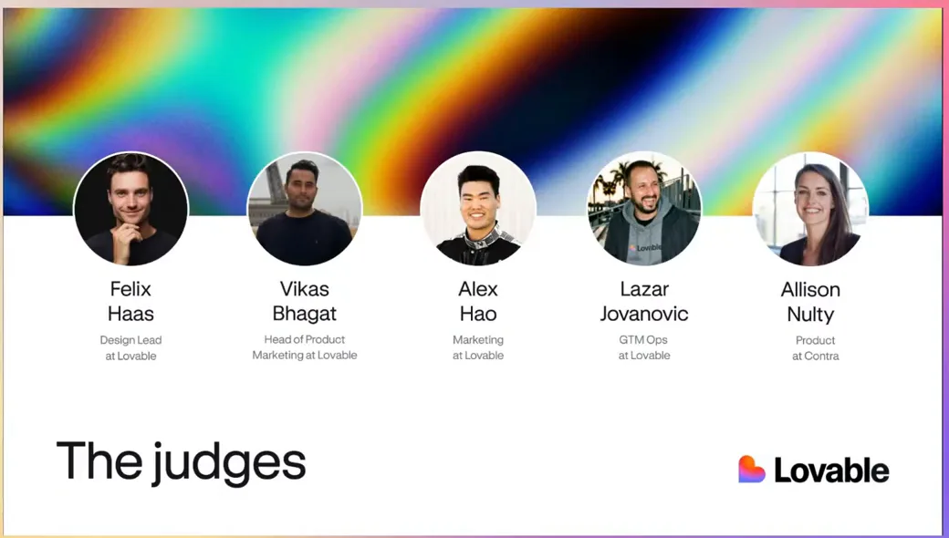 Lovable Challenge judges slide: Felix Haas, Vikas Bhagat, Alex Hao, Lazar Jovanovic and Allison Nulty