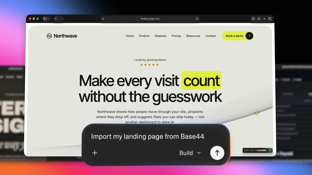 Lovable chat box with the prompt Import my landing page from Base44 over a Northwave software landing page