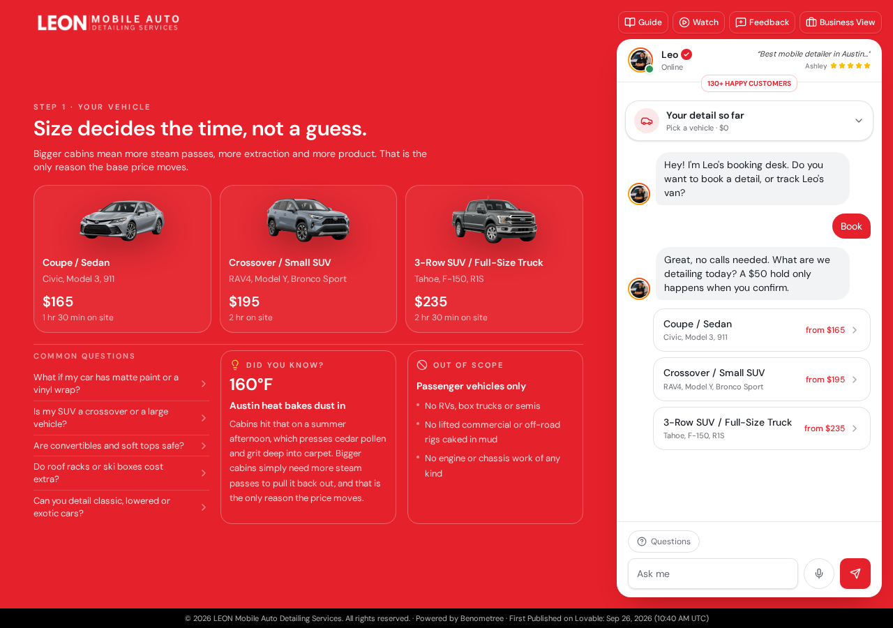 Vehicle selection step showing Coupe, Crossover, and Full-Size Truck pricing from $165